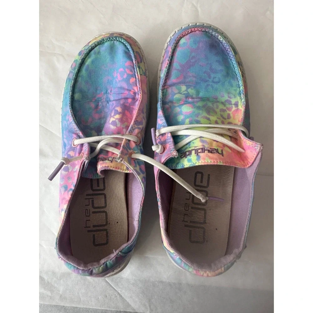 Hey Dude Wendy Youth Flo Leopard Multi Color Tie Dye Slip On Loafers Size 4